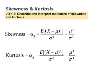 Skewness & Kurtosis LO 3.7: Describe and interpret measures of skewness and kurtosis. 