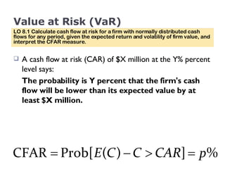 Value at Risk (VaR) A cash flow at risk (CAR) of $X million at the Y% percent level says:  The probability is Y percent that the firm's cash flow will be lower than its expected value by at least $X million. LO 8.1 Calculate cash flow at risk for a firm with normally distributed cash flows for any period, given the expected return and volatility of firm value, and interpret the CFAR measure. 