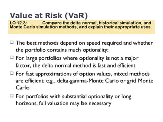 Value at Risk (VaR) The best methods depend on speed required and whether the portfolio contains much optionality: For large portfolios where optionality is not a major factor, the delta normal method is fast and efficient For fast approximations of option values, mixed methods are efficient; e.g., delta-gamma-Monte Carlo or grid Monte Carlo For portfolios with substantial optionality or long horizons, full valuation may be necessary LO 12.3:  Compare the delta normal, historical simulation, and Monte Carlo simulation methods, and explain their appropriate uses. 