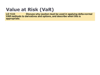 Value at Risk (VaR) LO 13.8:  Discuss why caution must be used in applying delta-normal VAR methods to derivatives and options, and describe when this is appropriate. 