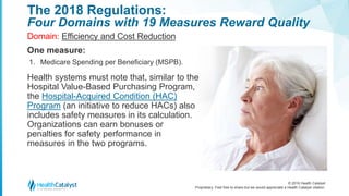 © 2016 Health Catalyst
Proprietary. Feel free to share but we would appreciate a Health Catalyst citation.
The 2018 Regulations:
Four Domains with 19 Measures Reward Quality
Domain: Efficiency and Cost Reduction
One measure:
1. Medicare Spending per Beneficiary (MSPB).
Health systems must note that, similar to the
Hospital Value-Based Purchasing Program,
the Hospital-Acquired Condition (HAC)
Program (an initiative to reduce HACs) also
includes safety measures in its calculation.
Organizations can earn bonuses or
penalties for safety performance in
measures in the two programs.
 