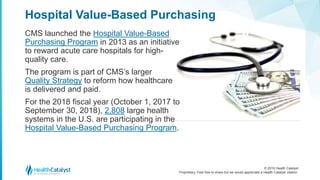© 2016 Health Catalyst
Proprietary. Feel free to share but we would appreciate a Health Catalyst citation.
Hospital Value-Based Purchasing
CMS launched the Hospital Value-Based
Purchasing Program in 2013 as an initiative
to reward acute care hospitals for high-
quality care.
The program is part of CMS’s larger
Quality Strategy to reform how healthcare
is delivered and paid.
For the 2018 fiscal year (October 1, 2017 to
September 30, 2018), 2,808 large health
systems in the U.S. are participating in the
Hospital Value-Based Purchasing Program.
 