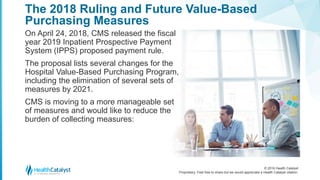 © 2016 Health Catalyst
Proprietary. Feel free to share but we would appreciate a Health Catalyst citation.
The 2018 Ruling and Future Value-Based
Purchasing Measures
On April 24, 2018, CMS released the fiscal
year 2019 Inpatient Prospective Payment
System (IPPS) proposed payment rule.
The proposal lists several changes for the
Hospital Value-Based Purchasing Program,
including the elimination of several sets of
measures by 2021.
CMS is moving to a more manageable set
of measures and would like to reduce the
burden of collecting measures:
 