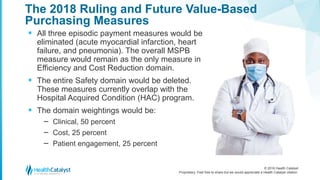 © 2016 Health Catalyst
Proprietary. Feel free to share but we would appreciate a Health Catalyst citation.
The 2018 Ruling and Future Value-Based
Purchasing Measures
 All three episodic payment measures would be
eliminated (acute myocardial infarction, heart
failure, and pneumonia). The overall MSPB
measure would remain as the only measure in
Efficiency and Cost Reduction domain.
 The entire Safety domain would be deleted.
These measures currently overlap with the
Hospital Acquired Condition (HAC) program.
 The domain weightings would be:
‒ Clinical, 50 percent
‒ Cost, 25 percent
‒ Patient engagement, 25 percent
 