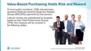 © 2016 Health Catalyst
Proprietary. Feel free to share but we would appreciate a Health Catalyst citation.
Value-Based Purchasing Holds Risk and Reward
To fund quality incentives, CMS reduced base-
operating Medicare Severity Diagnosis Related
Groups (MS-DRG) payments by two percent.
Leftover monies are redistributed to hospitals
based on their Total Performance Scores
(TPS); this measure will be covered in
the following slides.
 
