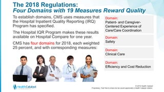 © 2016 Health Catalyst
Proprietary. Feel free to share but we would appreciate a Health Catalyst citation.
The 2018 Regulations:
Four Domains with 19 Measures Reward Quality
To establish domains, CMS uses measures that
the Hospital Inpatient Quality Reporting (IRQ)
Program has specified.
The Hospital IQR Program makes these results
available on Hospital Compare for one year.
CMS has four domains for 2018, each weighted
25 percent, and with corresponding measures:
Domain:
Patient- and Caregiver-
Centered Experience of
Care/Care Coordination
Domain:
Safety
Domain:
Clinical Care
Domain:
Efficiency and Cost Reduction
 