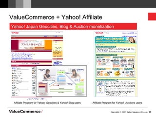 ValueCommerce + Yahoo! Affiliate Affiliate Program for Yahoo! Geocities & Yahoo! Blog users Affiliate Program for Yahoo!  Auctions users Yahoo! Japan Geocities, Blog & Auction monetization 　 