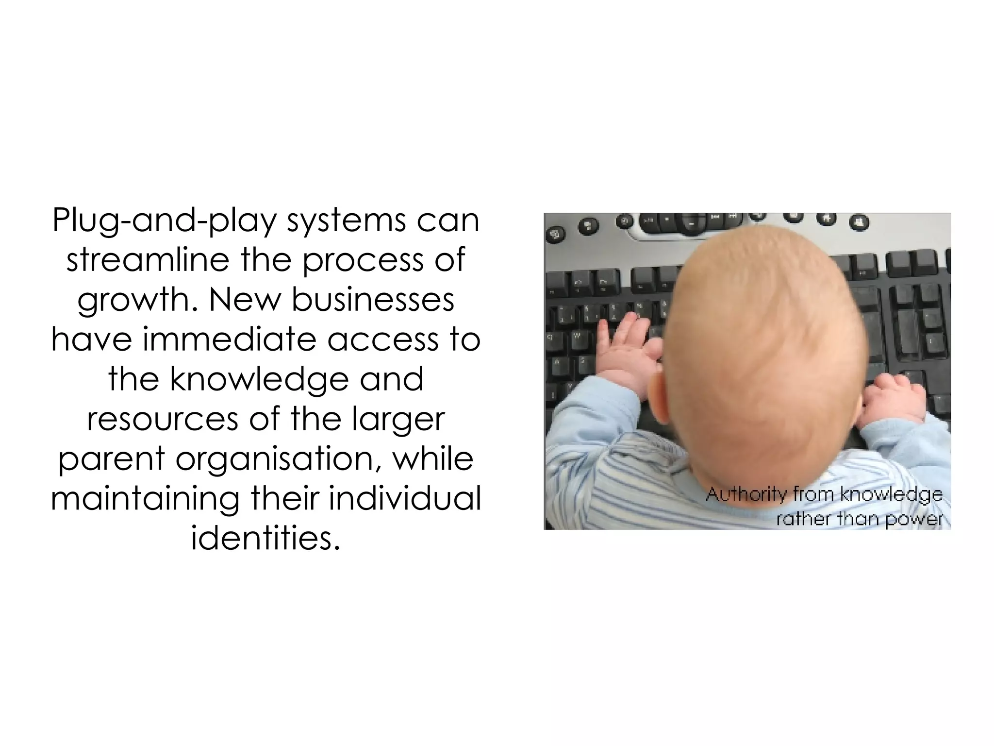 Plug-and-play systems can streamline the process of growth. New businesses have immediate access to the knowledge and resources of the larger parent organisation, while maintaining their individual identities. 