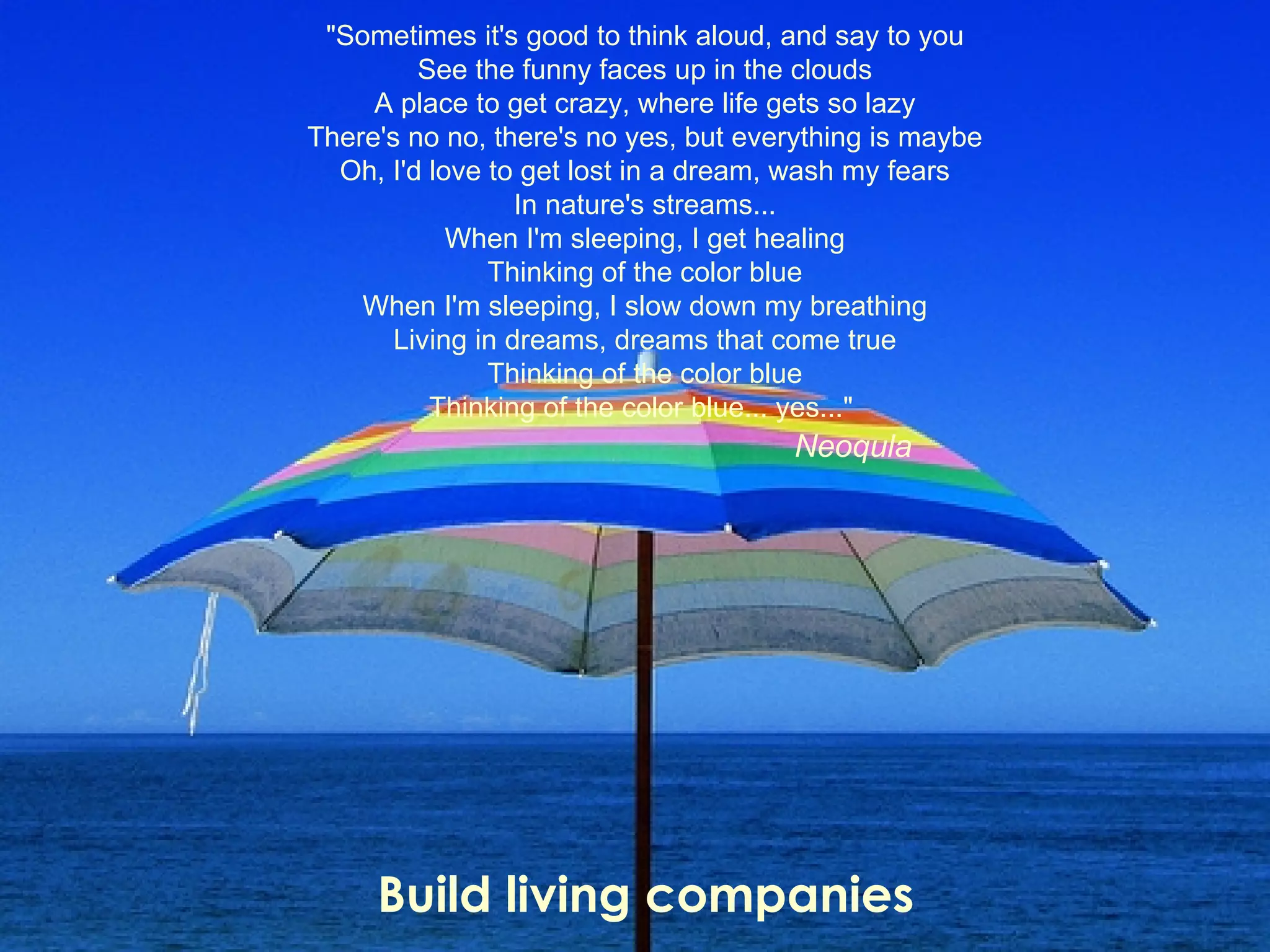 Build living companies  &quot;Sometimes it's good to think aloud, and say to you See the funny faces up in the clouds A place to get crazy, where life gets so lazy There's no no, there's no yes, but everything is maybe Oh, I'd love to get lost in a dream, wash my fears In nature's streams... When I'm sleeping, I get healing Thinking of the color blue When I'm sleeping, I slow down my breathing Living in dreams, dreams that come true Thinking of the color blue Thinking of the color blue... yes...&quot;  Neoqula 