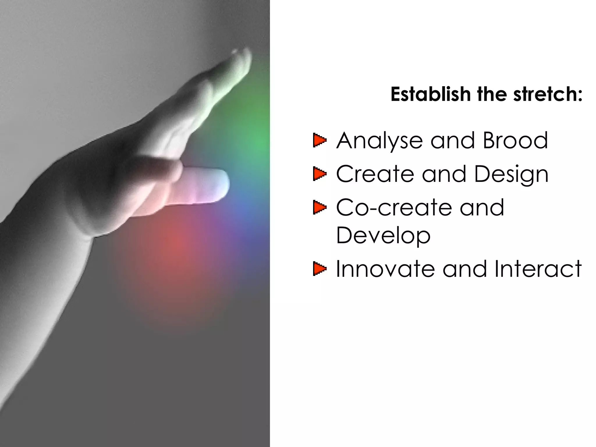 Analyse and Brood Create and Design Co-create and Develop Innovate and Interact Establish the stretch: 