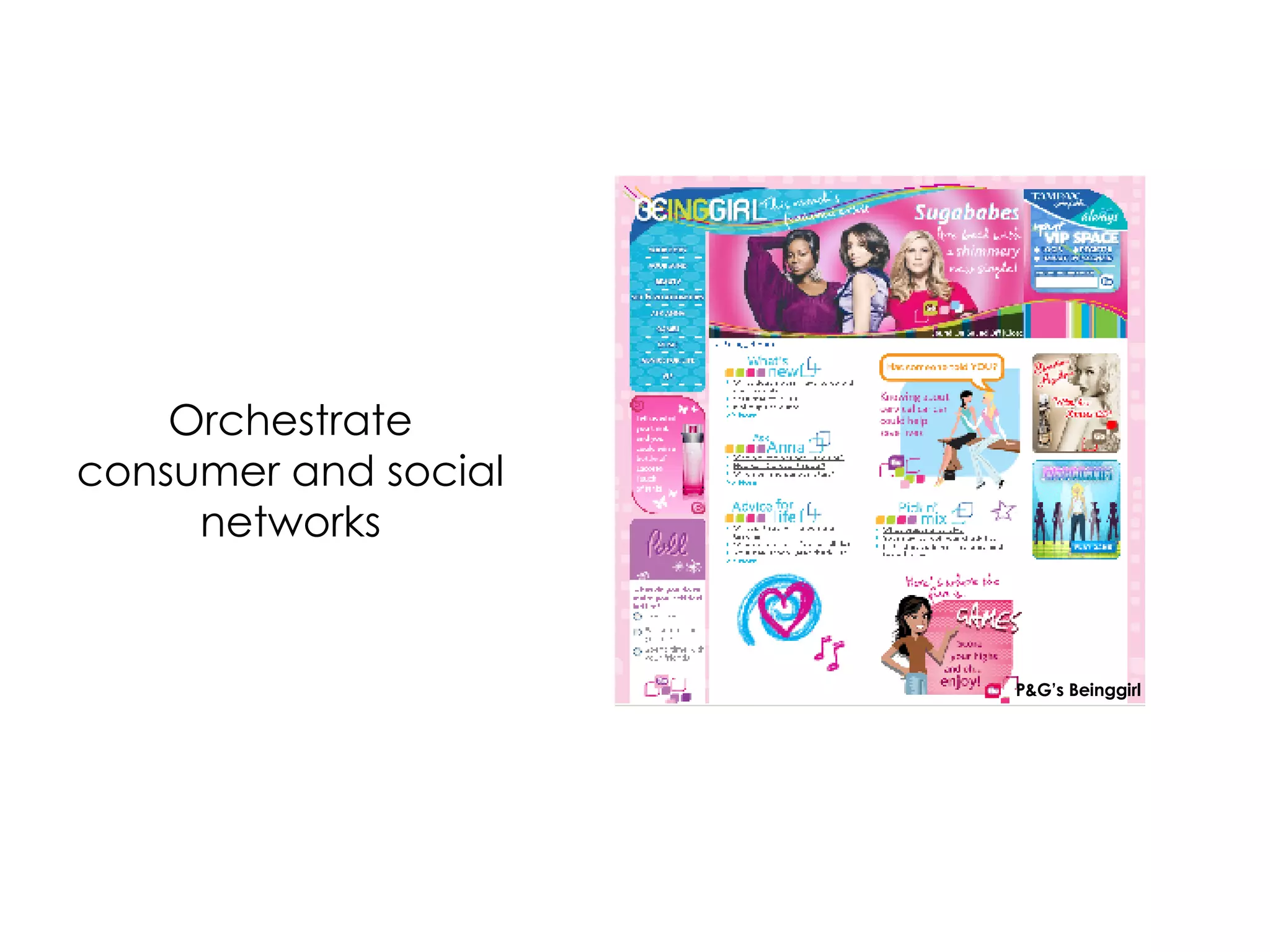 Orchestrate consumer and social networks Google’s Bus Network P&G’s Beinggirl 