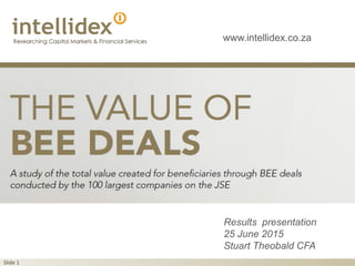 Slide 1
THE VALUE OF
BEE DEALS
Results presentation
25 June 2015
Stuart Theobald CFA
www.intellidex.co.za
 