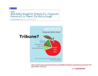 Tribune?




    http://www.clickz.com/clickz/column/2098816/tablets-advertising-revolution by
    Gary Stein, 8/12/11
 