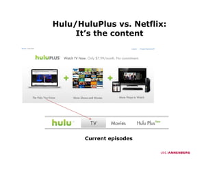 Hulu/HuluPlus vs. Netflix:
     It’s th
     It’ the content
                t t




       Current episodes
 