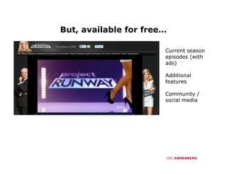 But, available for free…

                       Current season
                       episodes (with
                       ads)

                       Additional
                       features

                       Community /
                       social media
                          i l   di
 