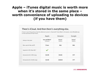 Apple – iTunes digital music is worth more
   when it’s stored in the same place –
worth convenience of uploading to devices
   th         i      f   l di    t d i
            (if you have them)
 