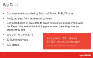 Big Data
2
• Commissioned study led by Marshall Fisher, PhD, Wharton
• Analyzed data from three retail partners
• Compared point-of-sale data to sales associates’ engagement with
the Experticity interactive training platform on the categories and
brands they sell
• July 2011 to June 2013
• 63,500 employees
• 330 stores
 