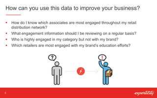 How can you use this data to improve your business?
8
 How do I know which associates are most engaged throughout my retail
distribution network?
 What engagement information should I be reviewing on a regular basis?
 Who is highly engaged in my category but not with my brand?
 Which retailers are most engaged with my brand’s education efforts?
 