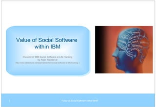Value of Social Software  within IBM (Excerpt of IBM Social Software at Life Hacking by  Arjan Radder at http://www.slideshare.net/arjanradder/ibm-social-software-at-life-hacking  ) 