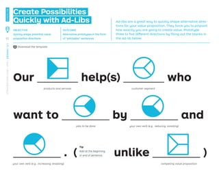 Create Possibilities
Quickly with Ad-Libs
Our ______ help(s) ______ who
want to _______ by _______ and
_______ . (
Ad-libs are a great way to quickly shape alternative direc-
tions for your value proposition. They force you to pinpoint
how exactly you are going to create value. Prototype
three to ﬁve different directions by ﬁlling out the blanks in
the ad-lib below.
products and services
jobs to be done your own verb (e.g., reducing, avoiding)
Tip
Add at the beginning
or end of sentence:
your own verb (e.g., increasing, enabling) competing value proposition
customer segment
unlike _______ )
OBJECTIVE
Quickly shape potential value
proposition directions
OUTCOME
Alternative prototypes in the form
of “pitchable” sentences
Download the template
82
STRATEGYZER.COM
/
VPD
/
DESIGN
/
2.1
EXERCISE
 