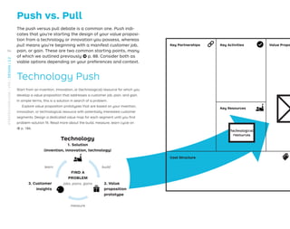 Cost Structure
Key Partnerships
Key Resources
Key Activities Value Proposit
Technology
1. Solution
(invention, innovation, technology)
2. Value
proposition
prototype
3. Customer
insights
build
measure
learn
FIND A
PROBLEM
jobs, pains, gains
Push vs. Pull
The push versus pull debate is a common one. Push indi-
cates that you’re starting the design of your value proposi-
tion from a technology or innovation you possess, whereas
pull means you’re beginning with a manifest customer job,
pain, or gain. These are two common starting points, many
of which we outlined previously → p. 88. Consider both as
viable options depending on your preferences and context.
Technology Push
Start from an invention, innovation, or (technological) resource for which you
develop a value proposition that addresses a customer job, pain, and gain.
In simple terms, this is a solution in search of a problem.
Explore value proposition prototypes that are based on your invention,
innovation, or technological resource with potentially interested customer
segments. Design a dedicated value map for each segment until you ﬁnd
problem-solution ﬁt. Read more about the build, measure, learn cycle on
→ p. 186.
technological
resources
94
STRATEGYZER.COM
/
VPD
/
DESIGN
/
2.2
 