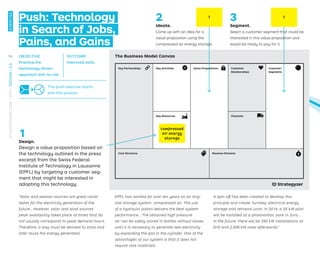 The Business Model Canvas
Push: Technology
in Search of Jobs,
Pains, and Gains
This push exercise starts
with the solution
Key Partnerships
Key Resources
Key Activities Value Propositions Customer
Segments
Cost Structure
compressed
air energy
storage
1
Design.
Design a value proposition based on
the technology outlined in the press
excerpt from the Swiss Federal
Institute of Technology in Lausanne
(EPFL) by targeting a customer seg-
ment that might be interested in
adopting this technology.
“Solar and aeolian sources are great candi-
dates for the electricity generation of the
future… However, solar and wind sources’
peak availability takes place at times that do
not usually correspond to peak demand hours.
Therefore, a way must be devised to store and
later reuse the energy generated.
EPFL has worked for over ten years on an orig-
inal storage system: compressed air. The use
of a hydraulic piston delivers the best system
performance… The obtained high pressure
air can be safely stored in bottles without losses
until it is necessary to generate new electricity
by expanding the gas in the cylinder. One of the
advantages of our system is that it does not
require rare materials.
A spin-off has been created to develop this
principle and create ‘turnkey’ electrical energy
storage and retrieval units. In 2014, a 25 kW pilot
will be installed at a photovoltaic park in Jura.…
In the future, there will be 250 kW installations at
ﬁrst and 2,500 kW ones afterwards.”
? ?
Revenue Streams
Channels
Customer
Relationships
2
Ideate.
Come up with an idea for a
value proposition using the
compressed air energy storage.
3
Segment.
Select a customer segment that could be
interested in this value proposition and
would be ready to pay for it.
OBJECTIVE
Practice the
technology-driven
approach with no risk
OUTCOME
Improved skills
96
STRATEGYZER.COM
/
VPD
/
DESIGN
/
2.2
EXERCISE
 