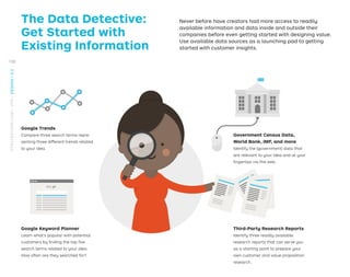 Never before have creators had more access to readily
available information and data inside and outside their
companies before even getting started with designing value.
Use available data sources as a launching pad to getting
started with customer insights.
Google Keyword Planner
Learn what’s popular with potential
customers by ﬁnding the top ﬁve
search terms related to your idea.
How often are they searched for?
Google Trends
Compare three search terms repre-
senting three different trends related
to your idea.
Third-Party Research Reports
Identify three readily available
research reports that can serve you
as a starting point to prepare your
own customer and value proposition
research.
Government Census Data,
World Bank, IMF, and more
Identify the (government) data that
are relevant to your idea and at your
ﬁngertips via the web.
The Data Detective:
Get Started with
Existing Information
108
STRATEGYZER.COM
/
VPD
/
DESIGN
/
2.3
 