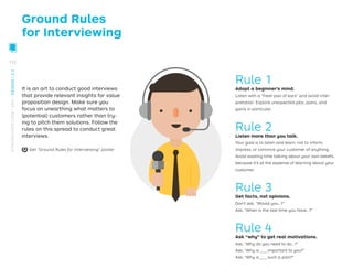 Rule 1
Adopt a beginner’s mind.
Listen with a “fresh pair of ears” and avoid inter-
pretation. Explore unexpected jobs, pains, and
gains in particular.
Rule 2
Listen more than you talk.
Your goal is to listen and learn, not to inform,
impress, or convince your customer of anything.
Avoid wasting time talking about your own beliefs,
because it’s at the expense of learning about your
customer.
Rule 3
Get facts, not opinions.
Don’t ask, “Would you…?”
Ask, “When is the last time you have…?”
Rule 4
Ask “why” to get real motivations.
Ask, “Why do you need to do…?”
Ask, “Why is___important to you?”
Ask, “Why is___such a pain?”
Ground Rules
for Interviewing
It is an art to conduct good interviews
that provide relevant insights for value
proposition design. Make sure you
focus on unearthing what matters to
(potential) customers rather than try-
ing to pitch them solutions. Follow the
rules on this spread to conduct great
interviews.
Get “Ground Rules for Interviewing” poster
112
STRATEGYZER.COM
/
VPD
/
DESIGN
/
2.3
 