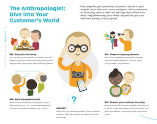 The Anthropologist:
Dive into Your
Customer’s World
Dive deep into your (potential) customers’ worlds to gain
insights about their jobs, pains, and gains. What customers
do on a daily basis in their real settings often differs from
what they believe they do or what they will tell you in an
interview, survey, or focus group.
B2C: Stay with the family.
Stay at one of your potential customers’ home for
several days and live with the family. Participate in
daily routines. Learn about what drives that person.
B2B: Work alongside/consult.
Spend time working with or alongside a (poten-
tial) customer (e.g., in a consulting engagement).
Observe. What keeps the person up at night?
B2C: Observe shopping behavior.
Go to a store where your (potential) customers
shop and observe people for 10 hours. Watch.
Can you detect any patterns?
B2C: Shadow your customer for a day.
Be your (potential) customer’s shadow and follow him
or her for a day. Write down all the jobs, pains, and
gains you observe. Time stamp them. Synthesize.
Learn.
B2B/B2C?
How could you immerse yourself in your (potential)
customer’s life? Be creative! Go beyond the usual
boundaries.
114
STRATEGYZER.COM
/
VPD
/
DESIGN
/
2.3
 