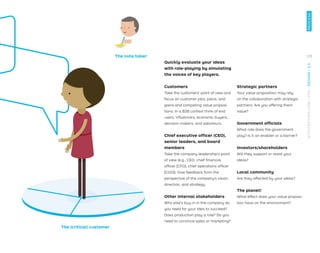The (critical) customer
The note taker
Quickly evaluate your ideas
with role-playing by simulating
the voices of key players.
Customers
Take the customers’ point of view and
focus on customer jobs, pains, and
gains and competing value proposi-
tions. In a B2B context think of end
users, inﬂuencers, economic buyers,
decision makers, and saboteurs.
Chief executive officer (CEO),
senior leaders, and board
members
Take the company leadership’s point
of view (e.g., CEO, chief ﬁnancial
ofﬁcer [CFO], chief operations ofﬁcer
[COO]). Give feedback from the
perspective of the company’s vision,
direction, and strategy.
Other internal stakeholders
Who else's buy-in in the company do
you need for your idea to succeed?
Does production play a role? Do you
need to convince sales or marketing?
Strategic partners
Your value proposition may rely
on the collaboration with strategic
partners. Are you offering them
value?
Government ofﬁcials
What role does the government
play? Is it an enabler or a barrier?
Investors/shareholders
Will they support or resist your
ideas?
Local community
Are they affected by your ideas?
The planet!
What effect does your value proposi-
tion have on the environment?
125
STRATEGYZER.COM
/
VPD
/
DESIGN
/
2.4
PROCESS
 