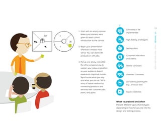 1. Start with an empty canvas.
Make sure listeners were
given at least a short
introduction to the canvas.
2. Begin your presentation
wherever it makes most
sense. You can start with
products or with jobs.
3. Put up one sticky note after
the other progressively to
explain your value proposition
so your audience doesn’t
experience cognitive murder.
Synchronize what you say
and what you put up. Tell a
story of value creation by
connecting products and
services with customer jobs,
pains, and gains.
What to present and when
Present different types of prototypes
depending on how far you are into the
design and testing process.
Canvases to be
implemented
High-ﬁdelity prototypes
Testing data
Customer interviews
and videos
Tested Canvases
Untested Canvases
Low-ﬁdelity prototypes
(e.g., product box)
Napkin sketches
133
STRATEGYZER.COM
/
VPD
/
DESIGN
/
2.4
 