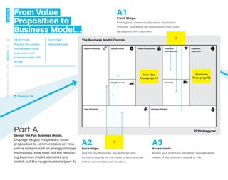 From Value
Proposition to
Business Model…
Part A
Design the Full Business Model.
On page 96 you imagined a value
proposition to commercialize an inno-
vative compressed air energy storage
technology. Now map out the remain-
ing business model elements and
sketch out the rough numbers (part A).
← From p. 96
A2
Backstage.
Add the Key Resources, Key Activities, and
Partners required for the model to work and use
that to estimate the cost structure.
A3
Assessment.
Assess your prototype and detect possible weak-
nesses of the business model → p. 156.
A1
Front Stage.
Prototype a revenue model, select distribution
channels, and deﬁne the relationships that could
be adopted with customers.
OBJECTIVE
Practice the connec-
tion between value
proposition and
business model with
no risk
OUTCOME
Improved skills
Cost Structure
Key Partnerships
Key Resources Channels
Key Activities Value Propositions Customer
Relationships
Customer
Segments
Revenue Streams
Value Propositions Customer
Segments
?
Your idea
from page 96
Your Idea
from page 96
?
The Business Model Canvas
152
STRATEGYZER.COM
/
VPD
/
DESIGN
/
2.5
EXERCISE
 