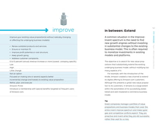 Objective Design new value propositions regardless of the potential constraints given
by existing value propositions and business models (although leadership
may deﬁne other constraints).
Improve your existing value proposition(s) without radically changing
or affecting the underlying business model(s).
Helps With ǃɲ Proactive bet on the future
ǃɲ Take on a crisis
ǃɲ Emergence of a game-changing technology, regulation, etc.
ǃɲ Response to a disruptive value proposition of a competitor
ǃɲ Renew outdated products and services.
ǃɲ Ensure or maintain ﬁt.
ǃɲ Improve proﬁt potential or cost structure.
ǃɲ Keep growth going.
ǃɲ Address customer complaints.
Financial Goals At least 50 percent annual revenue growth (caveat: company-speciﬁc) 0 to15 percent annual revenue increase or more (caveat: company-speciﬁc)
Risk and Uncertainty High Low
Customer Knowledge Low, potentially nonexistent High
Business Model Requires radical adaptions or changes Little change
Attitude to Failure Part of learning and iteration process Not an option
Mindset Open to exploring new possibilities Focused on making one or several aspects better
Design Approach Radical/disruptive change to value proposition (and business model) Incremental change and tweaks to existing value proposition
Main Activities Search, test, and evaluate Reﬁne, plan, and execute
Examples Amazon Web Services
Design of a new IT infrastructure value proposition targeted at a new
customer segment. Builds on existing key resources and activities but
requires a substantial expansion of Amazon.com's business model.
Amazon Prime
Introduce a membership with special beneﬁts targeted at frequent users
of Amazon.com.
In between: Extend
A common situation in the Improve-
Invent spectrum is the need to ﬁnd
new growth engines without investing
in substantial changes to the existing
business model. This is often required
to monetize investments in existing
models and platforms.
The objective is to search for new value prop-
ositions that substantially extend the existing
underlying business model, without modifying too
many aspects of it.
For example, with the introduction of the
Kindle, Amazon created a new channel to extend
its digital offering to Amazon.com customers.
Although this presents a great new value proposi-
tion to its customers, it remains to a large extent
within the parameters of its successfully estab-
lished and well-mastered e-commerce business
model.
Tip
Great companies manage a portfolio of value
propositions and business models that cover the
entire invent-improve spectrum and make syner-
gies and competitive conﬂicts explicit. They are
proactive and invent while they are still successful,
rather than wait for a crisis.
improve
Improve your existing value proposition(s) without radically changing
or affecting the underlying business model(s).
ǃɲ Renew outdated products and services.
ǃɲ Ensure or maintain ﬁt.
ǃɲ Improve proﬁt potential or cost structure.
ǃɲ Keep growth going.
ǃɲ Address customer complaints.
0 to15 percent annual revenue increase or more (caveat: company-speciﬁc)
Low
High
Little change
Not an option
Focused on making one or several aspects better
Incremental change and tweaks to existing value proposition
Reﬁne, plan, and execute
Amazon Prime
Introduce a membership with special beneﬁts targeted at frequent users
of Amazon.com.
161
STRATEGYZER.COM
/
VPD
/
DESIGN
/
2.6
 