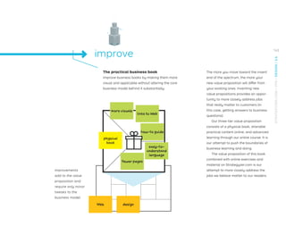 The practical business book
Improve business books by making them more
visual and applicable without altering the core
business model behind it substantially.
Improvements
add to the value
proposition and
require only minor
tweaks to the
business model.
The more you move toward the invent
end of the spectrum, the more your
new value proposition will differ from
your existing ones. Inventing new
value propositions provides an oppor-
tunity to more closely address jobs
that really matter to customers (in
this case, getting answers to business
questions).
Our three-tier value proposition
consists of a physical book, sharable
practical content online, and advanced
learning through our online course. It is
our attempt to push the boundaries of
business learning and doing.
The value proposition of this book
combined with online exercises and
material on Strategyzer.com is our
attempt to more closely address the
jobs we believe matter to our readers.
physical
book
links to Web
how-to guide
easy-to-
understand
language
fewer pages
Web design
more visuals
improve
163
STRATEGYZER.COM
/
VPD
/
DESIGN
/
2.6
 