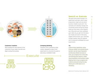 Search vs. Execute
The goal of the search phase is to
experiment and learn which value
propositions might sell and which
business models could work. Your
canvases will radically change and
constantly evolve during this phase
while you test every critical hypoth-
esis. Only when you have validated
your ideas do you get into the execu-
tion mode and scale. At the early
stages of the process, your canvases
change rapidly; they will stabilize
with increasing knowledge from your
experiments.
Customer Creation
Start building end user demand. Drive
customers to your sales channels and
begin scaling the business.
Execute
Company Building
Transition from a temporary orga-
nization designed to search and
experiment to a structure focused on
executing a validated model.
Blank  Dorf ,The Startup Owner's Manual, 2012.
Tip
Capture every hypothesis, every-
thing you tested, and everything you
learned. Use the Value Proposition
and Business Model Canvases to
track your progress from initial idea
and starting point toward a viable
value proposition and business model.
Keeping track of your progress and
evidence produced along the way
allows you to refer back to it if
necessary.
183
STRATEGYZER.COM
/
VPD
/
TEST
/
3.0
 