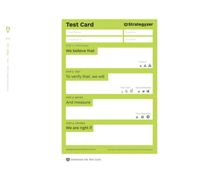 Test Card
We believe that
step 1: hypothesis
Test Name
Assigned to
Deadline
Duration
And measure
step 3: metric
To verify that, we will
step 2: test
We are right if
step 4: criteria
The makers of Business Model Generation and Strategyzer
Copyright Business Model Foundry AG
Test Cost: Data Reliability:
Critical:
Time Required:
Download the Test Card
212
STRATEGYZER.COM
/
VPD
/
TEST
/
3.2
 