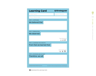 Learning Card
We believed that
step 1: hypothesis
Insight Name
Person Responsible
Date of Learning
From that we learned that
step 3: learnings and insights
We observed
step 2: observation
Therefore, we will
step 4: decisions and actions
The makers of Business Model Generation and Strategyzer
Copyright Business Model Foundry AG
Data Reliability:
Action Required:
Download the Learning Card
213
STRATEGYZER.COM
/
VPD
/
TEST
/
3.2
 