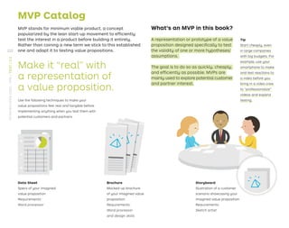 MVP Catalog
MVP stands for minimum viable product, a concept
popularized by the lean start-up movement to efﬁciently
test the interest in a product before building it entirely.
Rather than coining a new term we stick to this established
one and adapt it to testing value propositions.
What’s an MVP in this book?
A representation or prototype of a value
proposition designed speciﬁcally to test
the validity of one or more hypotheses/
assumptions.
The goal is to do so as quickly, cheaply,
and efﬁciently as possible. MVPs are
mainly used to explore potential customer
and partner interest.
Data Sheet
Specs of your imagined
value proposition
Requirements:
Word processor
Use the following techniques to make your
value propositions feel real and tangible before
implementing anything when you test them with
potential customers and partners.
Brochure
Mocked-up brochure
of your imagined value
proposition
Requirements:
Word processor
and design skills
Storyboard
Illustration of a customer
scenario showcasing your
imagined value proposition
Requirements:
Sketch artist
Make it “real” with
a representation of
a value proposition.
Tip
Start cheaply, even
in large companies
with big budgets. For
example, use your
smartphone to make
and test reactions to
a video before you
bring in a video crew
to “professionalize”
videos and expand
testing.
222
STRATEGYZER.COM
/
VPD
/
TEST
/
3.3
 