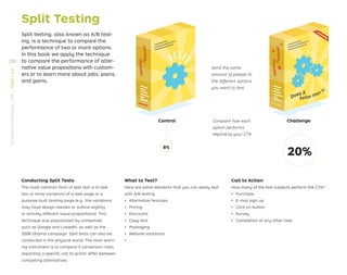 Split Testing
Split testing, also known as A/B test-
ing, is a technique to compare the
performance of two or more options.
In this book we apply the technique
to compare the performance of alter-
native value propositions with custom-
ers or to learn more about jobs, pains,
and gains.
Call to Action
How many of the test subjects perform the CTA?
ǃɲ Purchase
ǃɲ E-mail sign-up
ǃɲ Click on button
ǃɲ Survey
ǃɲ Completion of any other task
What to Test?
Here are some elements that you can easily test
with A/B testing
ǃɲ Alternative features
ǃɲ Pricing
ǃɲ Discounts
ǃɲ Copy text
ǃɲ Packaging
ǃɲ Website variations
ǃɲ ...
Conducting Split Tests
The most common form of split test is to test
two or more variations of a web page or a
purpose-built landing page (e.g., the variations
may have design tweaks or outline slightly
or entirely different value propositions). This
technique was popularized by companies
such as Google and LinkedIn, as well as the
2008 Obama campaign. Split tests can also be
conducted in the physical world. The main learn-
ing instrument is to compare if conversion rates
regarding a speciﬁc call to action differ between
competing alternatives.
Control
8%
20%
Challenge
Compare how each
option performs
regarding your CTA.
Send the same
amount of people to
the different options
you want to test.
230
STRATEGYZER.COM
/
VPD
/
TEST
/
3.3
 