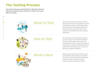 The Testing Process
Use all the tools you learned about to describe what you
need to test and how you will do so in order to turn your
idea into reality.
What to Test
How to Test
Whatˇs Next
With the Value Proposition and Business Model
Canvases, you map out how you believe your idea
could become a success. This foundation allows
you to easily make the hypotheses explicit that
need to be true for your idea to work. Start by
testing the most important ones with a series of
experiments.
With the testing card, you describe how exactly
you will verify your most important hypotheses
and what you will measure. After one or more
completed experiments, you use the learning card
to capture your insights and indicate whether you
need to learn more, iterate, pivot, or move on to
test the next important hypothesis.
Keep your eyes on the prize, and make sure you
are progressing. Track whether you are advanc-
ing from your initial idea toward a proﬁtable and
scalable business via problem-solution ﬁt,
product-market ﬁt, and business model ﬁt.
240
STRATEGYZER.COM
/
VPD
/
TEST
/
3.4
 