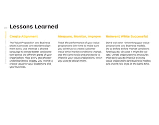 Create Alignment
The Value Proposition and Business
Model Canvases are excellent align-
ment tools. Use them as a shared
language to create better collabora-
tion across the different parts of your
organization. Help every stakeholder
understand how exactly you intend to
create value for your customers and
your business.
Measure, Monitor, Improve
Track the performance of your value
propositions over time to make sure
you continue to create customer
value while market conditions change.
Use the same tools and processes to
improve your value propositions, which
you used to design them.
Reinvent While Successful
Don’t wait with reinventing your value
propositions and business models.
Do so before before market conditions
force you to, because it might be too
late. Create organizational structures
that allow you to improve existing
value propositions and business models
and invent new ones at the same time.
Lessons Learned
272
STRATEGYZER.COM
/
VPD
/
EVOLVE
 