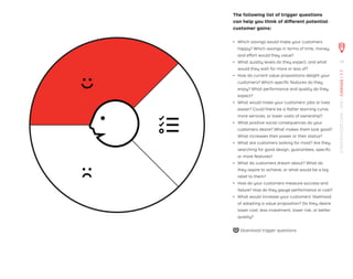 The following list of trigger questions
can help you think of different potential
customer gains:
ǃɲ Which savings would make your customers
happy? Which savings in terms of time, money,
and effort would they value?
ǃɲ What quality levels do they expect, and what
would they wish for more or less of?
ǃɲ How do current value propositions delight your
customers? Which speciﬁc features do they
enjoy? What performance and quality do they
expect?
ǃɲ What would make your customers’ jobs or lives
easier? Could there be a ﬂatter learning curve,
more services, or lower costs of ownership?
ǃɲ What positive social consequences do your
customers desire? What makes them look good?
What increases their power or their status?
ǃɲ What are customers looking for most? Are they
searching for good design, guarantees, speciﬁc
or more features?
ǃɲ What do customers dream about? What do
they aspire to achieve, or what would be a big
relief to them?
ǃɲ How do your customers measure success and
failure? How do they gauge performance or cost?
ǃɲ What would increase your customers’ likelihood
of adopting a value proposition? Do they desire
lower cost, less investment, lower risk, or better
quality?
Download trigger questions
17
STRATEGYZER.COM
/
VPD
/
CANVAS
/
1.1
 