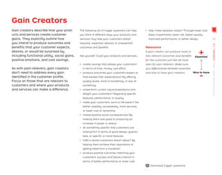 Gain Creators
Gain creators describe how your prod-
ucts and services create customer
gains. They explicitly outline how
you intend to produce outcomes and
beneﬁts that your customer expects,
desires, or would be surprised by,
including functional utility, social gains,
positive emotions, and cost savings.
As with pain relievers, gain creators
don’t need to address every gain
identiﬁed in the customer proﬁle.
Focus on those that are relevant to
customers and where your products
and services can make a difference.
The following list of trigger questions can help
you think of different ways your products and
services may help your customers obtain
required, expected, desired, or unexpected
outcomes and beneﬁts.
Ask yourself: Could your products and services…
ǃɲ create savings that please your customers?
In terms of time, money, and effort.
ǃɲ produce outcomes your customers expect or
that exceed their expectations? By offering
quality levels, more of something, or less of
something.
ǃɲ outperform current value propositions and
delight your customers? Regarding speciﬁc
features, performance, or quality.
ǃɲ make your customers’ work or life easier? Via
better usability, accessibility, more services,
or lower cost of ownership.
ǃɲ create positive social consequences? By
making them look good or producing an
increase in power or status.
ǃɲ do something speciﬁc that customers are
looking for? In terms of good design, guaran-
tees, or speciﬁc or more features.
ǃɲ fulﬁll a desire customers dream about? By
helping them achieve their aspirations or
getting relief from a hardship?
ǃɲ produce positive outcomes matching your
customers’ success and failure criteria? In
terms of better performance or lower cost.
+
-
Essential
Relevance
A gain creator can produce more or
less relevant outcomes and beneﬁts
for the customer just like we have
seen for pain relievers. Make sure
you differentiate between essential
and nice to have gain creators. Nice to have
ǃɲ help make adoption easier? Through lower cost,
fewer investments, lower risk, better quality,
improved performance, or better design.
Download trigger questions
33
STRATEGYZER.COM
/
VPD
/
CANVAS
/
1.2
 