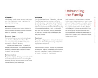 Inﬂuencers
Individuals or groups whose opinions might count
and whom the decision maker might listen to,
even in an informal way.
Recommenders
The people carrying out the search and evalua-
tion process and who make a formal recommen-
dation for or against a purchase.
Economic Buyers
The individual or group who controls the budget
and who makes the actual purchase. Their
concerns are typically about ﬁnancial perfor-
mance and budgetary efﬁciency.
In some cases, the economic buyer may sit
outside an organization, such as a government
paying for the basic medical supply in nursing
homes for elderly citizens.
Decision Makers
The person or group ultimately responsible for the
choice of a product/service and for ordering the
purchase decision. Decision makers usually have
ultimate authority over the budget.
End Users
The ultimate beneﬁciaries of a product or service.
For a business customer, end users can either
be within their own organization (a manufacturer
buying software for its designers), or they can be
external customers (a device manufacturer buying
chips for the smartphones it sells to consumers).
End users may be passive or active, depending
on how much say they have in the decision and
purchase process.
Saboteurs
The people and groups who can obstruct or derail
the process of searching, evaluating, and purchas-
ing a product or a service.
Decision makers typically sit inside the customer’s
organization, whereas Inﬂuencers, recommenders,
economic buyers, end users, and saboteurs can
sit inside or outside the organization.
Unbundling
the Family
Value propositions to the consumer may also
involve several stakeholders in the search, evalu-
ation, purchase, and use of a product or service.
For example, consider a family that intends to
buy a game console. In this situation, there is
also a difference between the economic buyer,
the inﬂuencer, the decision maker, the users,
and the saboteurs. It therefore makes sense to
sketch out a different Value Proposition Canvas
for each stakeholder.
51
STRATEGYZER.COM
/
VPD
/
CANVAS
/
1.3
 