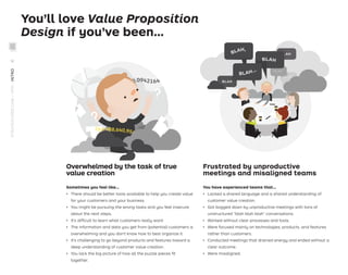 Overwhelmed by the task of true
value creation
Sometimes you feel like…
ǃɲ There should be better tools available to help you create value
for your customers and your business.
ǃɲ You might be pursuing the wrong tasks and you feel insecure
about the next steps.
ǃɲ It’s difﬁcult to learn what customers really want.
ǃɲ The information and data you get from (potential) customers is
overwhelming and you don’t know how to best organize it.
ǃɲ It’s challenging to go beyond products and features toward a
deep understanding of customer value creation.
ǃɲ You lack the big picture of how all the puzzle pieces ﬁt
together.
Frustrated by unproductive
meetings and misaligned teams
You have experienced teams that…
ǃɲ Lacked a shared language and a shared understanding of
customer value creation.
ǃɲ Got bogged down by unproductive meetings with tons of
unstructured “blah blah blah” conversations.
ǃɲ Worked without clear processes and tools.
ǃɲ Were focused mainly on technologies, products, and features
rather than customers.
ǃɲ Conducted meetings that drained energy and ended without a
clear outcome.
ǃɲ Were misaligned.
BLAH
BL
AH
L
L
B
BL
LA
AH
H
H
BLAH,
BLAH
B
BLAH… LAH
You’ll love Value Proposition
Design if you’ve been…
STRATEGYZER.COM
/
VPD
/
INTRO
VI
 