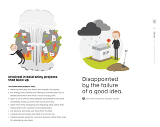 Involved in bold shiny projects
that blew up
You have seen projects that…
ǃɲ Were big bold bets that failed and wasted a lot money.
ǃɲ Put energy into polishing and reﬁning a business plan until it
perpetuated the illusion that it could actually work.
ǃɲ Spent a lot of time building detailed spreadsheets that were
completely made up and turned out to be wrong.
ǃɲ Spent more time developing and debating ideas rather than
testing them with customers and stakeholders.
ǃɲ Let opinions dominate over facts from the ﬁeld.
ǃɲ Lacked clear processes and tools to minimize risk.
ǃɲ Used processes suited for running a business rather than ones
for developing new ideas.
Disappointed
by the failure
of a good idea.
STRATEGYZER.COM
/
VPD
/
INTRO
Get “From Failure to Success” poster
VII
 