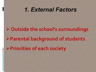 1. External Factors
 Outside the school's surroundings
Parental background of students
Priorities of each society
 
