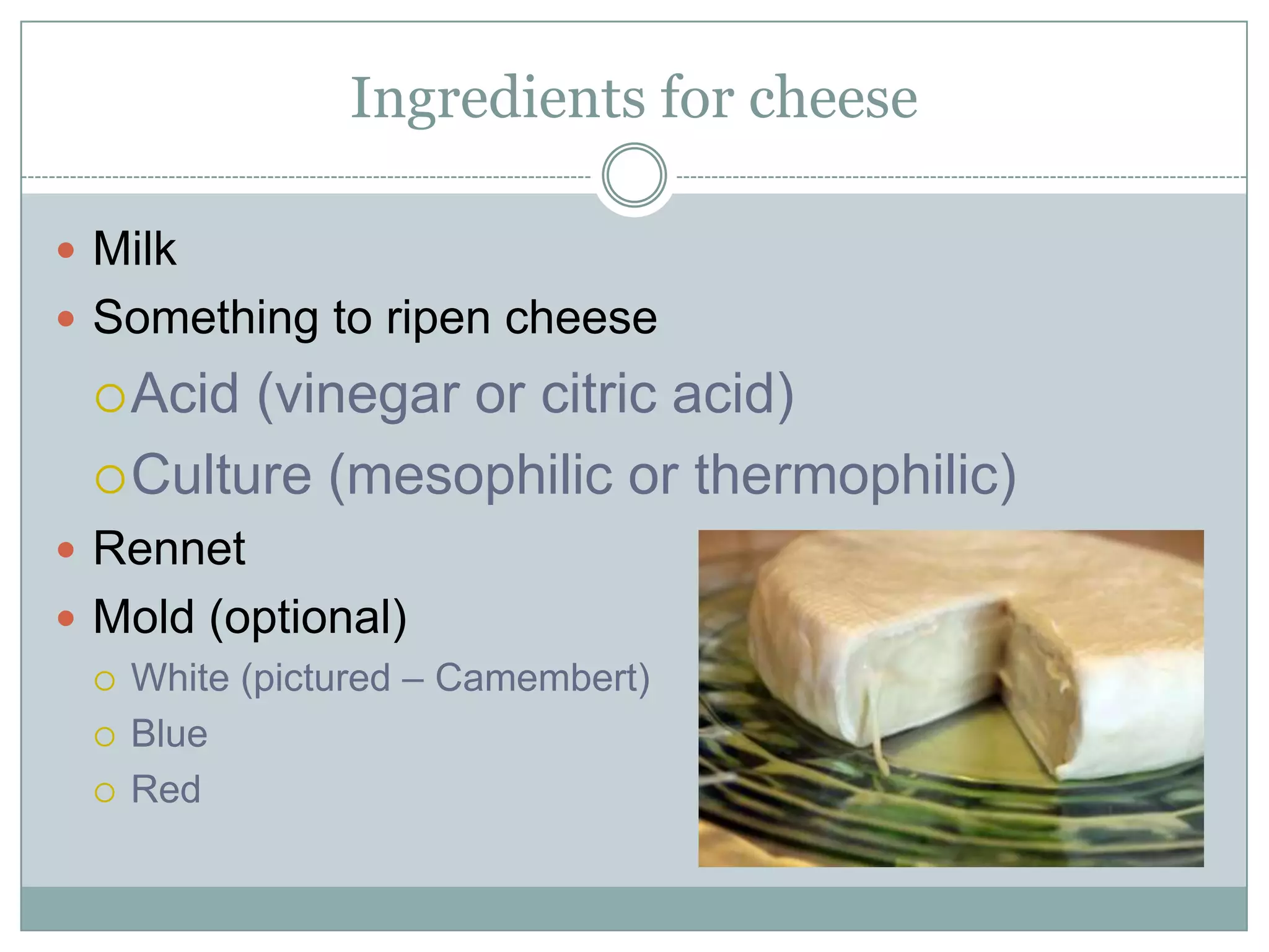 Ingredients for cheese
Milk
Something to ripen cheese
 Acid

(vinegar or citric acid)
 Culture (mesophilic or thermophilic)
Rennet
Mold (white, blue, red)

 