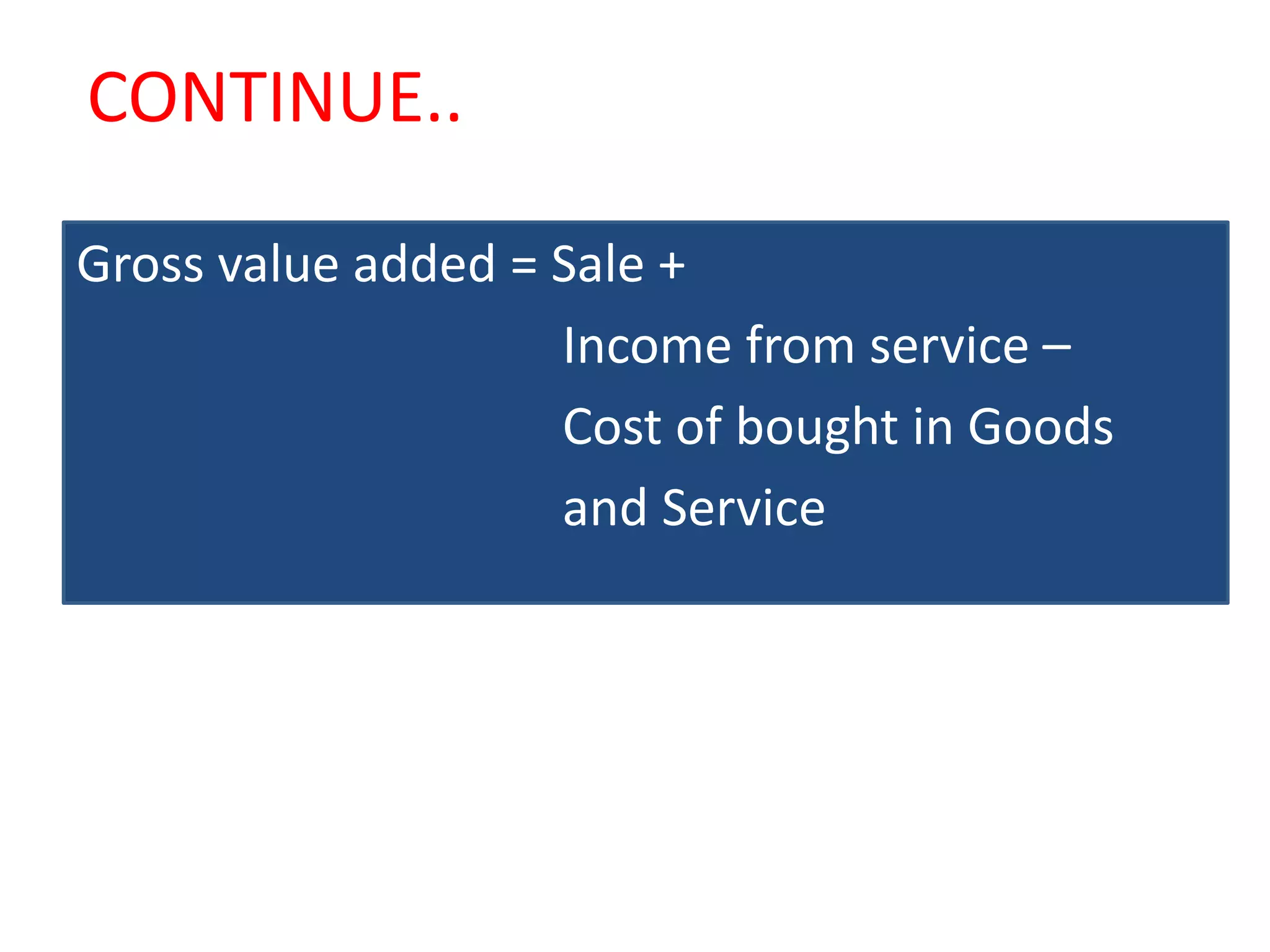 CONTINUE..
Gross value added = Sale +
Income from service –
Cost of bought in Goods
and Service
 