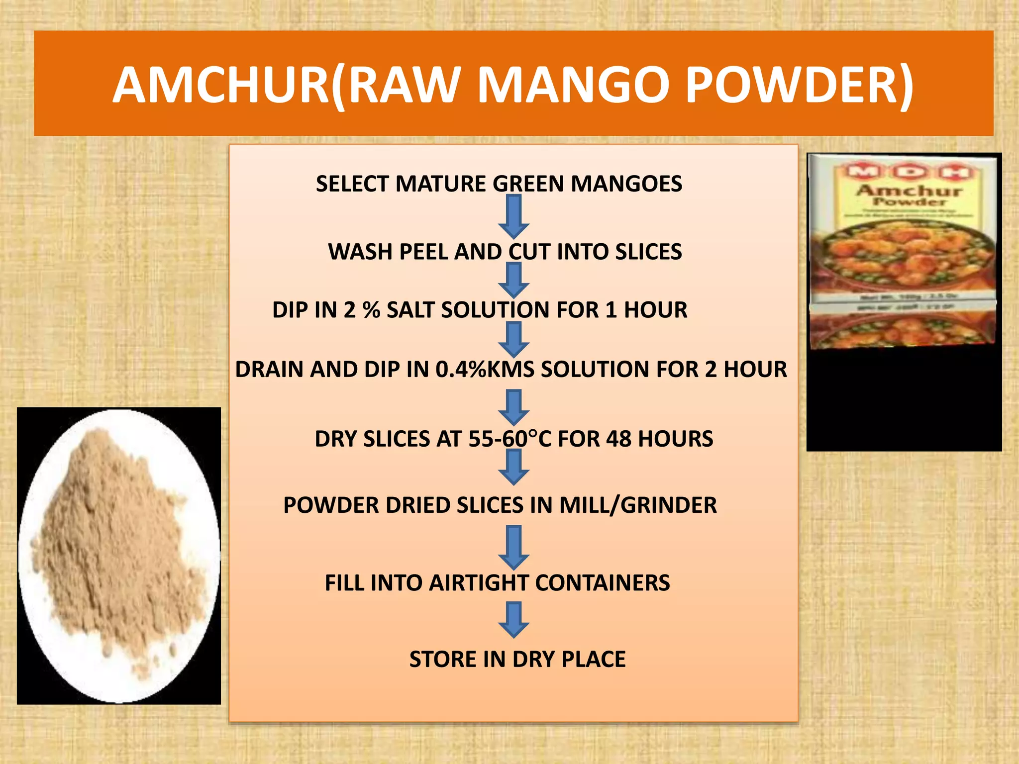 AMCHUR(RAW MANGO POWDER)
SELECT MATURE GREEN MANGOES
WASH PEEL AND CUT INTO SLICES
DIP IN 2 % SALT SOLUTION FOR 1 HOUR
DRAIN AND DIP IN 0.4%KMS SOLUTION FOR 2 HOUR
DRY SLICES AT 55-60C FOR 48 HOURS
POWDER DRIED SLICES IN MILL/GRINDER
FILL INTO AIRTIGHT CONTAINERS
STORE IN DRY PLACE
 